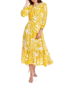 Ruffled Printed Textured Breathable Rayon Crepe Dress with elastic waist and self belt in golden yellow floral print