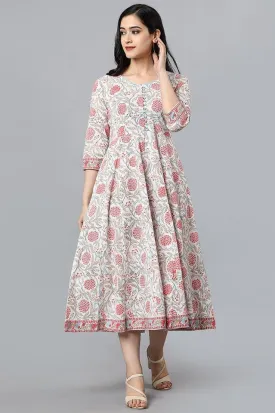 White Cotton Blockprint Spring Dress