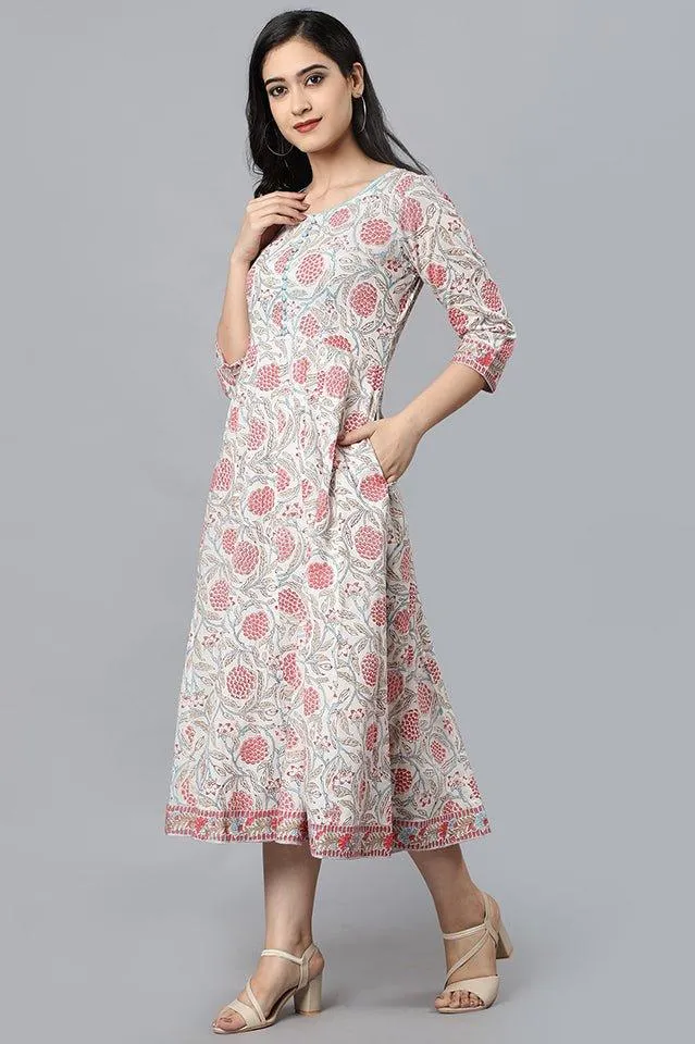White Cotton Blockprint Spring Dress